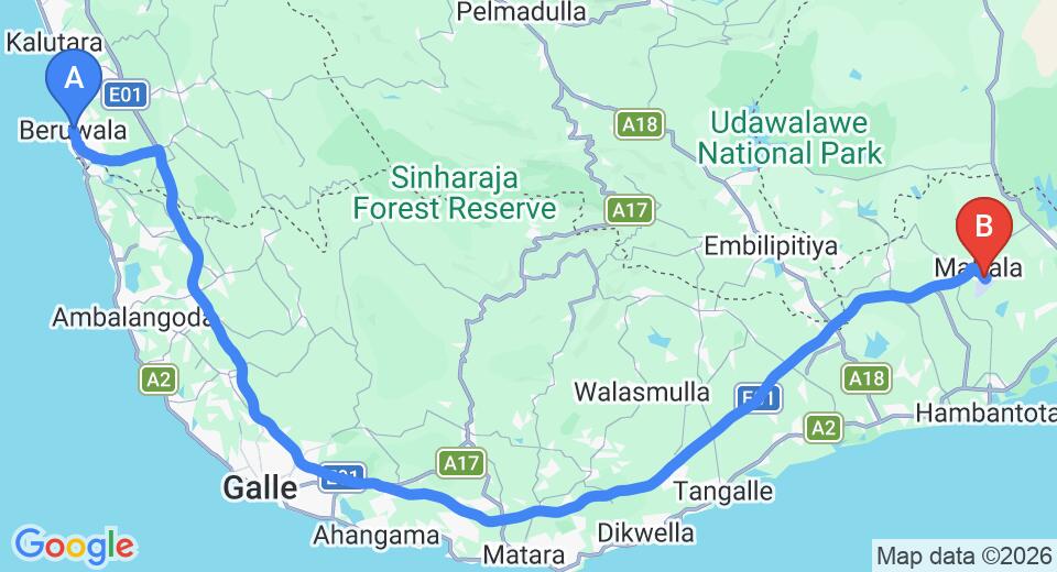 Beruwala City to Mattala (HRI) Airport Private Transfer