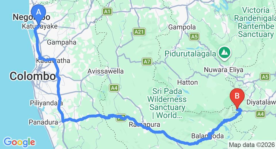 Transfer between Colombo Airport (CMB) and Bambarakanda Eco Holiday Resort, Haputale