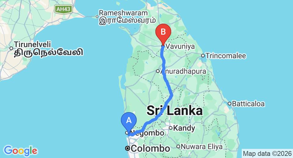Transfer between Colombo Airport (CMB) and Hotel Oviya, Vavuniya City
