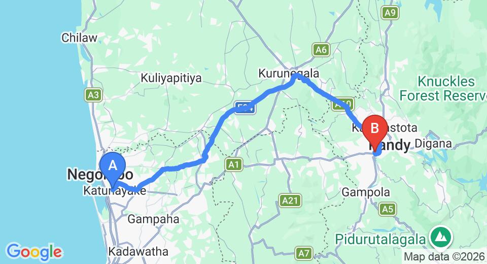 Transfer between Colombo Airport (CMB) and Galaha Tea Bungalow, Peradeniya City