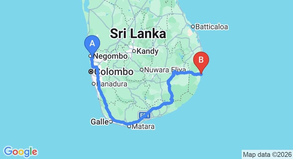 Transfer between Colombo Airport (CMB) and Jetwing Pottuvil Point, Arugam Bay