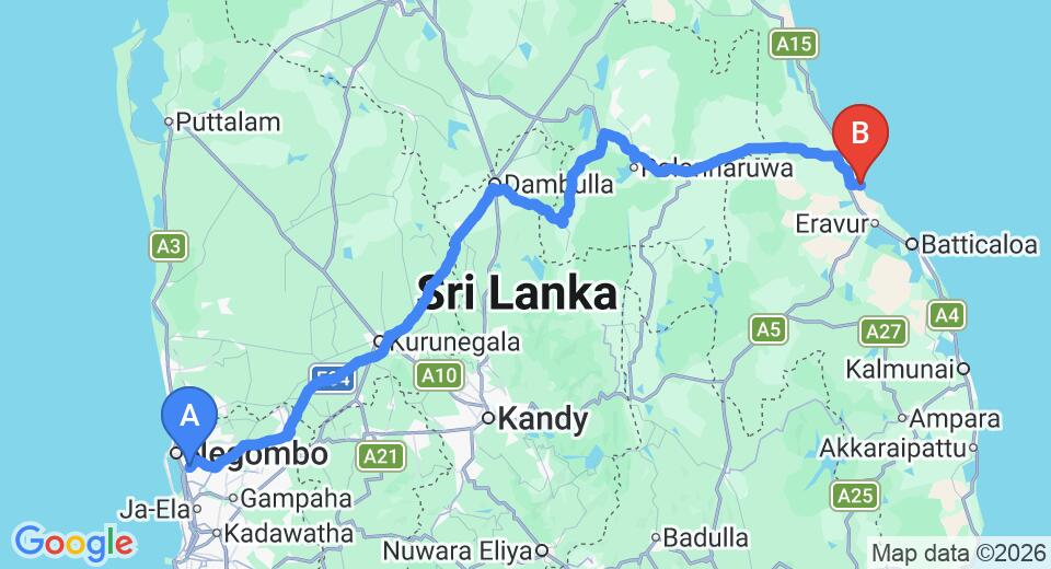 Transfer between Colombo Airport (CMB) and Karpaha Sands, Kalkudah