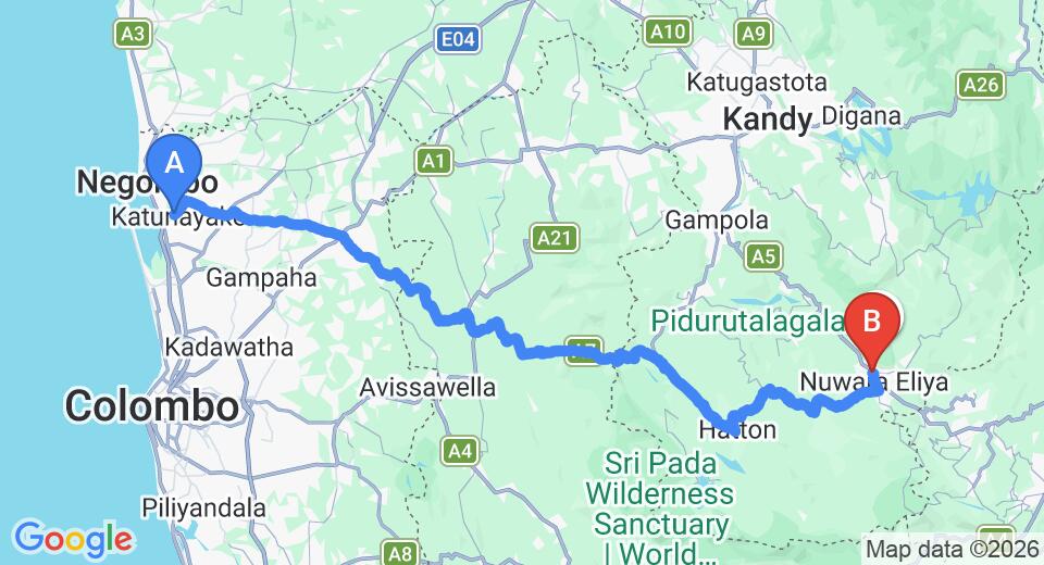 Transfer between Colombo Airport (CMB) and Nuwara Eliya Golf Club, Nuwara Eliya City