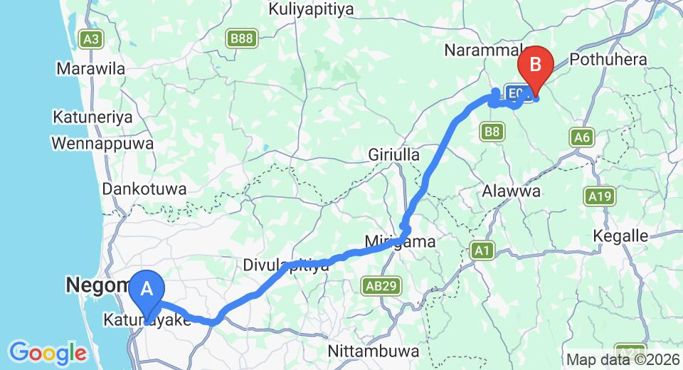 Transfer between Colombo Airport (CMB) and Birds Park, Polgahawela City