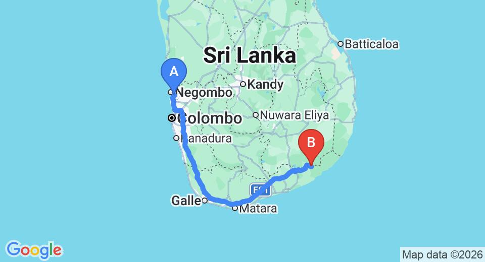 Transfer between Colombo Airport (CMB) and Katagamuwa Piyasa Holiday Bungalow, Yala City