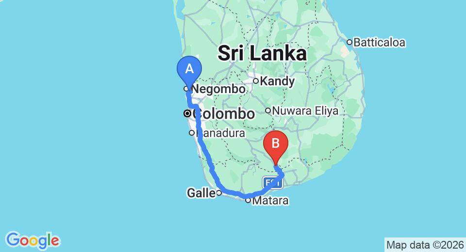 Transfer between Colombo Airport (CMB) and Pavana Resort, Embilipitiya