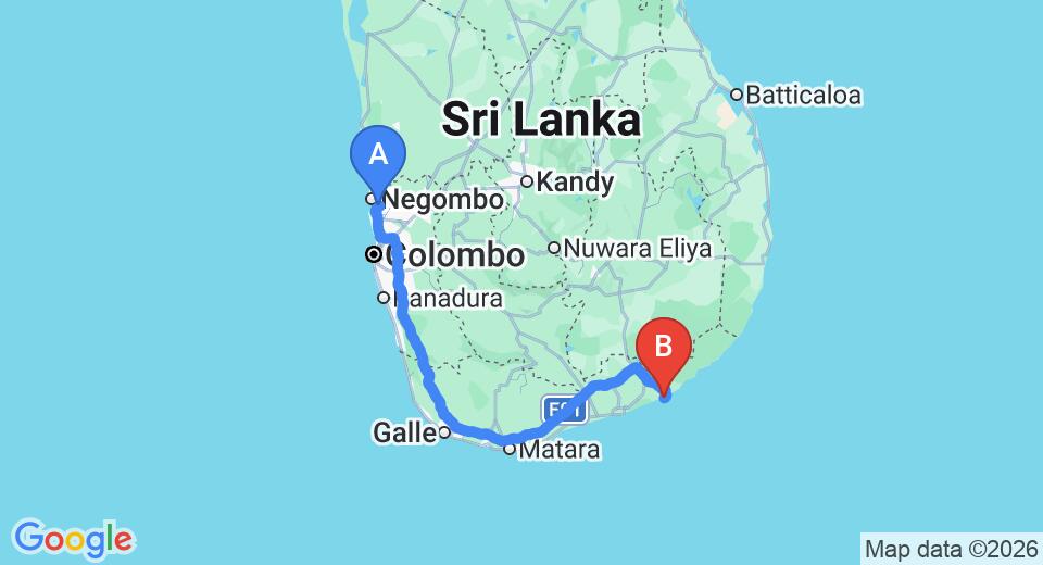 Transfer between Colombo Airport (CMB) and Kirinda Beach Resort, Yala