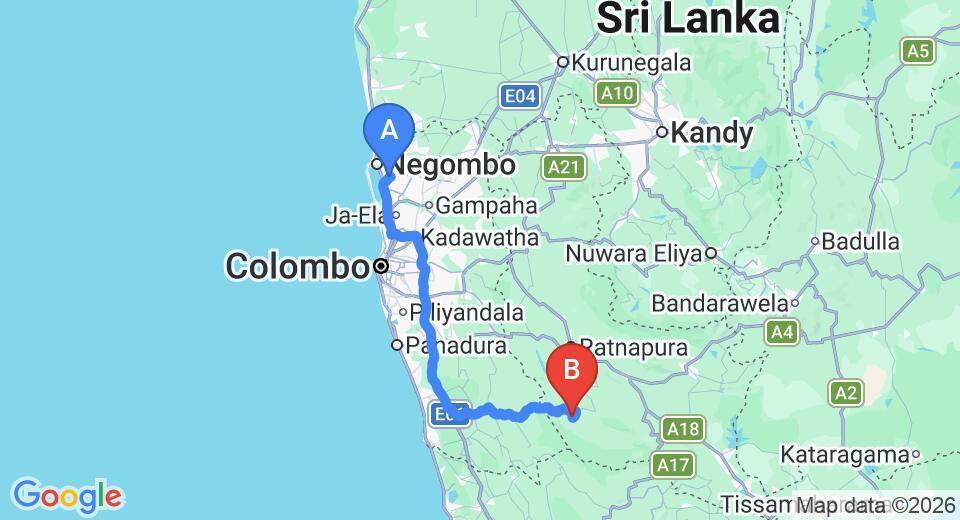 Transfer between Colombo Airport (CMB) and Boulder Gardens, Kalawana