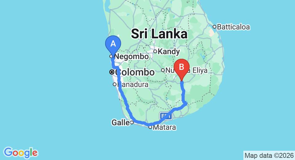 Transfer between Colombo Airport (CMB) and Jetwing Kaduruketha, Wellawaya