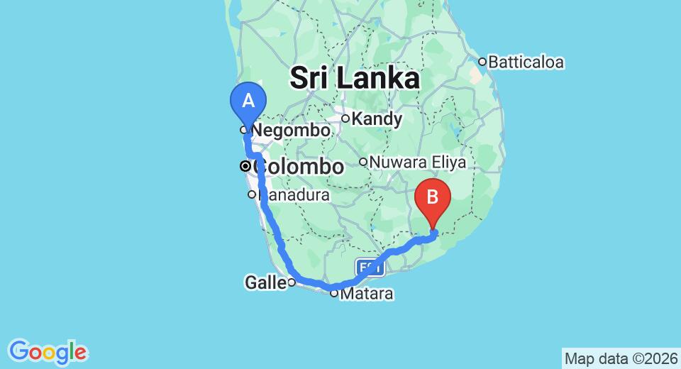Transfer between Colombo Airport (CMB) and Gem River Edge, Kataragama