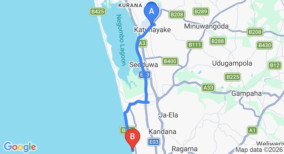 Transfer between Colombo Airport (CMB) and Uswetakeiyawa Beach Bungalow, Wattala