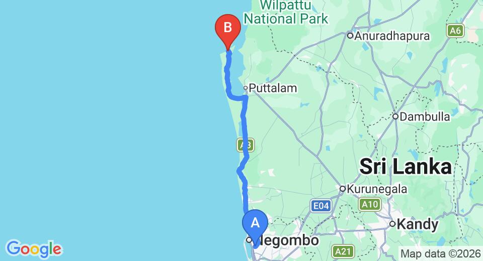 Transfer between Colombo (CMB) Airport and Dinuda Resort, Kalpitiya City