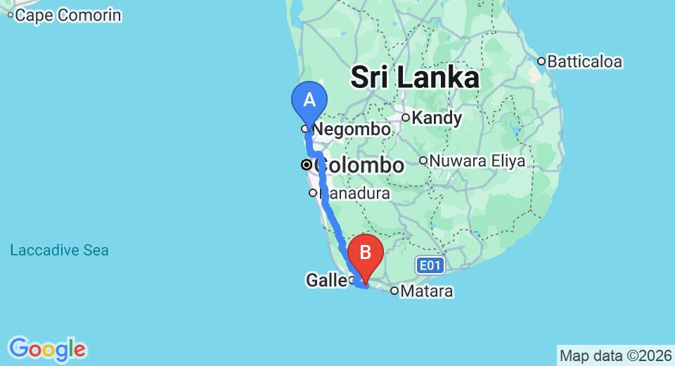 Transfer between Colombo Airport (CMB) and Koggala Beach Hotel, Koggala