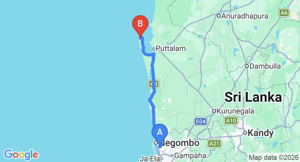 Transfer between Colombo Airport (CMB) and Dickson beach cabanaa, kalkudah