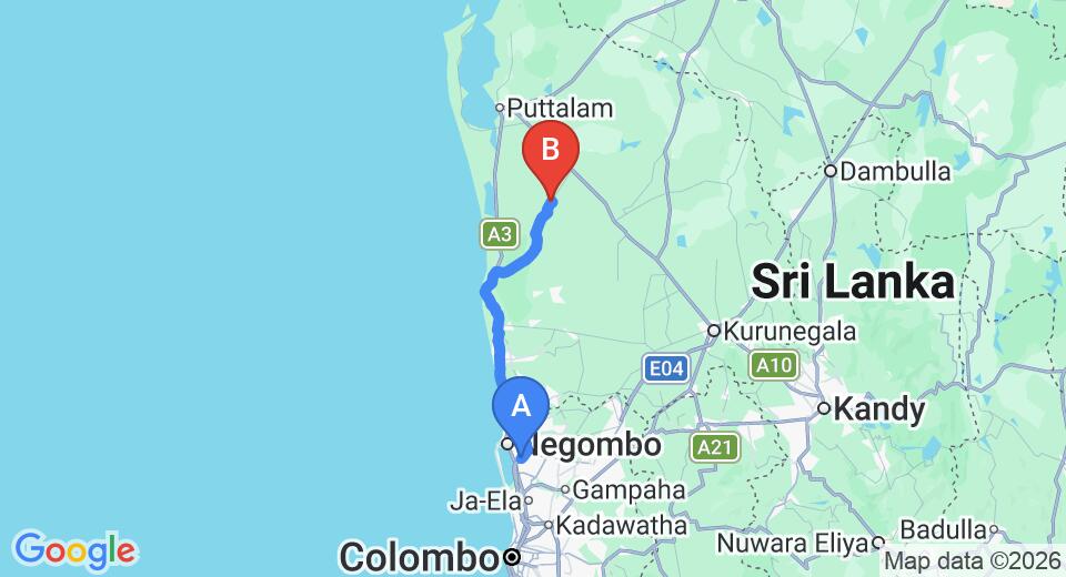 Transfer between Colombo Airport (CMB) and Cadjan earth, Anamaduwa