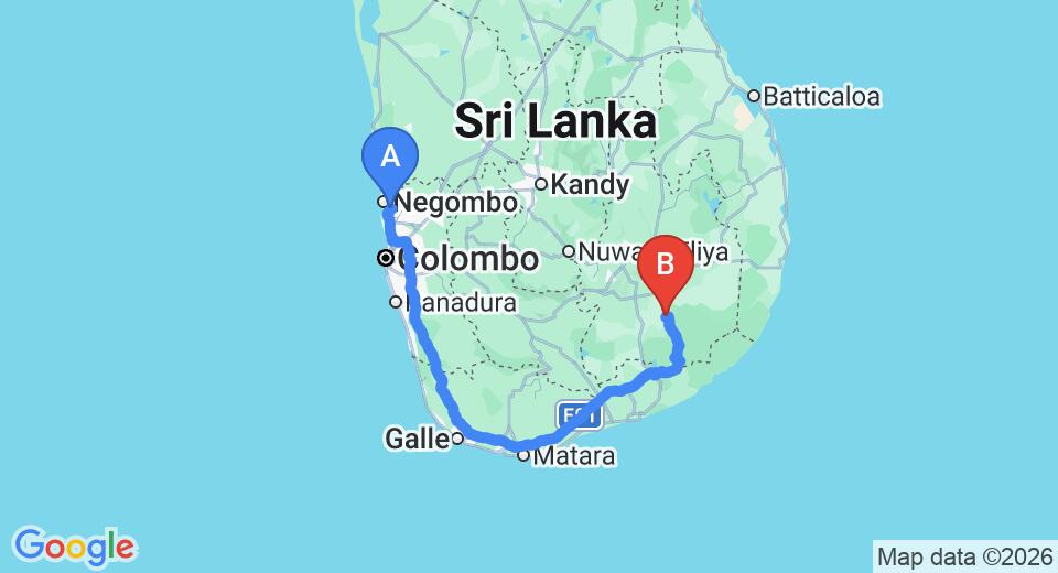 Transfer between Colombo Airport (CMB) and Galapita Eco Lodge, Yala