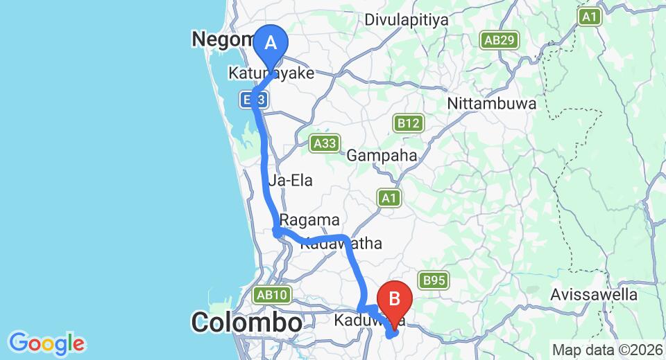 Transfer between Colombo Airport (CMB) and Sanctuary Lodge, Kaduwela