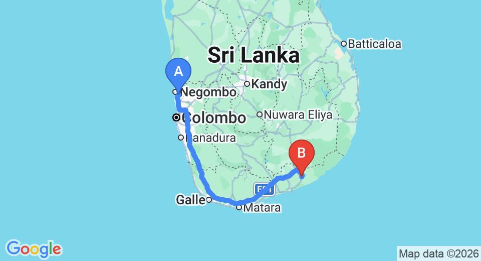 Transfer between Colombo (CMB) Airport and Doubletree by Hilton Weerawila, Weerawila