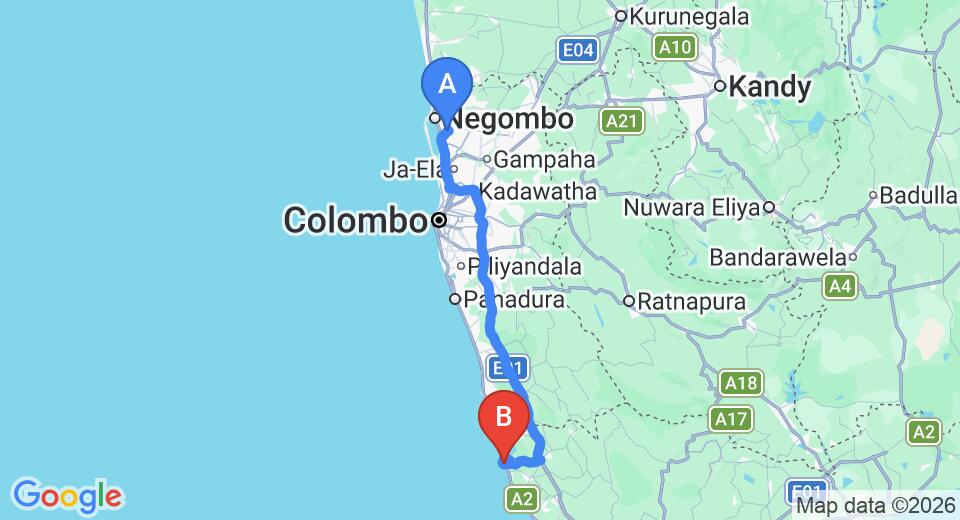 Transfer between Colombo Airport (CMB) and The River House, Balapitiya