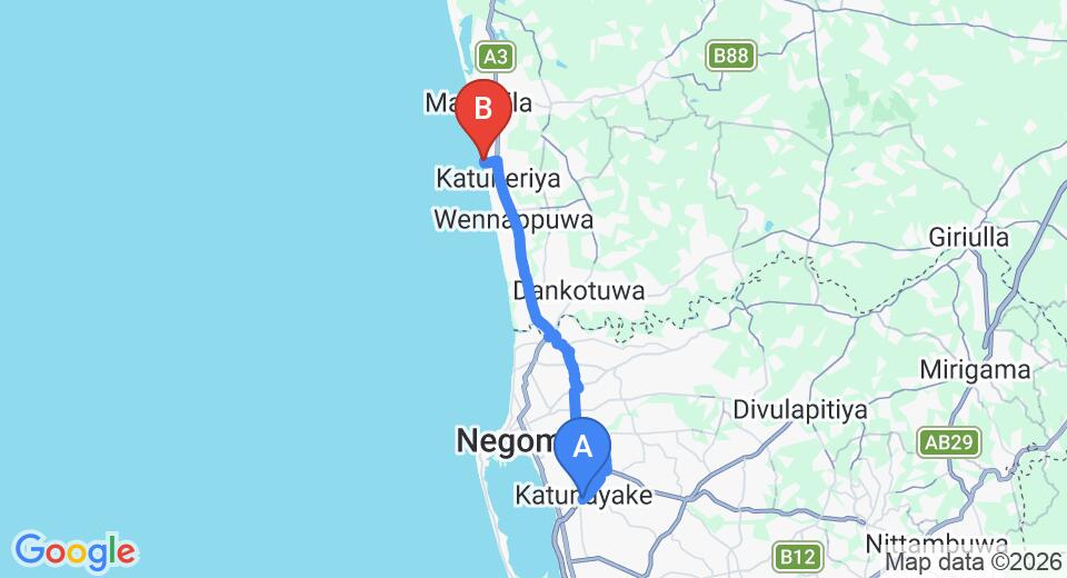 Transfer between Colombo Airport (CMB) and Bridden's Place, Katuneriya