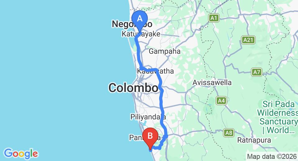 Transfer between Colombo Airport (CMB) and Serendiva Beach, Wadduwa City