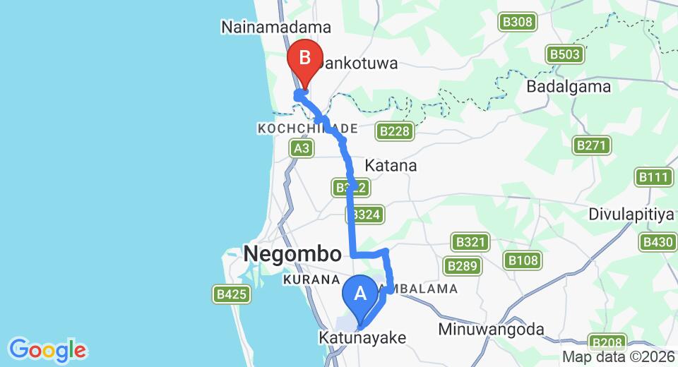 Transfer between Colombo Airport (CMB) and Jetwing Seashells Hotel, Waikkal City