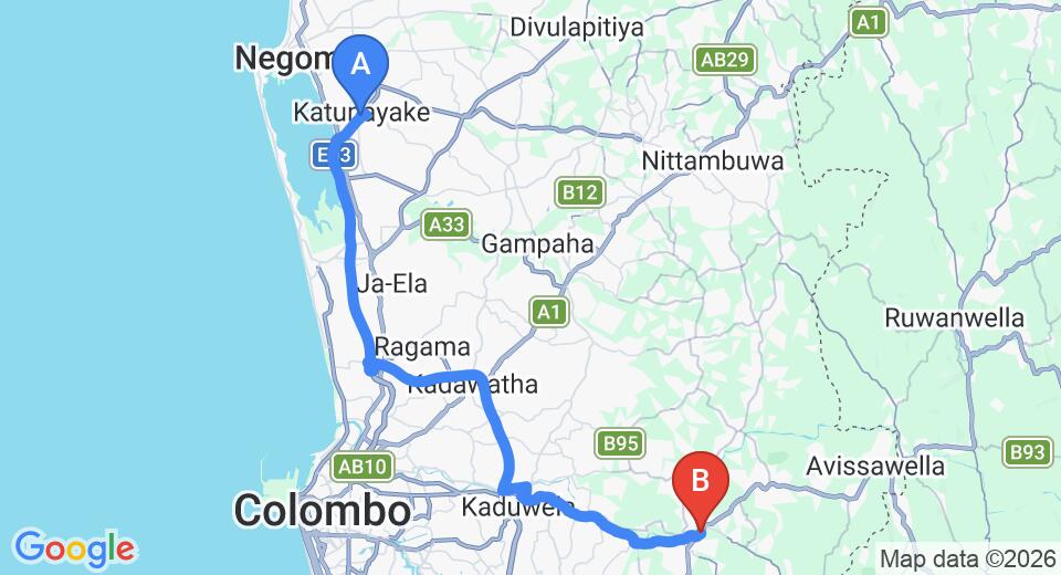 Transfer between Colombo Airport (CMB) and Ambalama Leisure Lounge, Hanwella