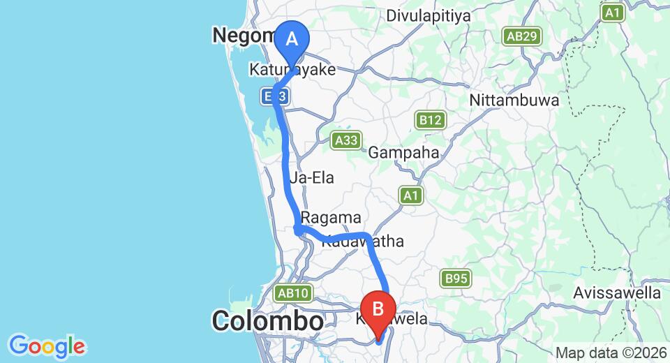 Transfer between Colombo Airport (CMB) and Creeks Villa, Malabe