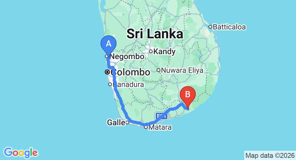 Transfer between Colombo Airport (CMB) and Tissa Lakeside Hotel, Tissamaharama