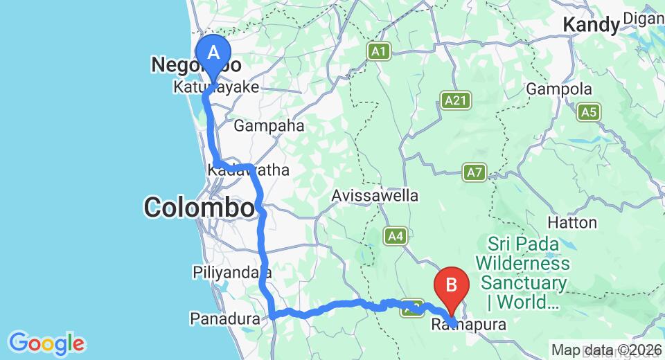 Transfer between Colombo Airport (CMB) and Ratnaloka Tour Inns, Ratnapura City
