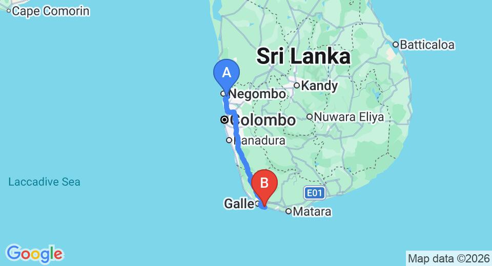 Transfer between Colombo Airport (CMB) and Why Beach (WB) Villa, Galle City