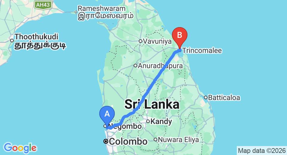 Transfer between Colombo Airport (CMB) and Uppuveli Beach House, Trincomalee City