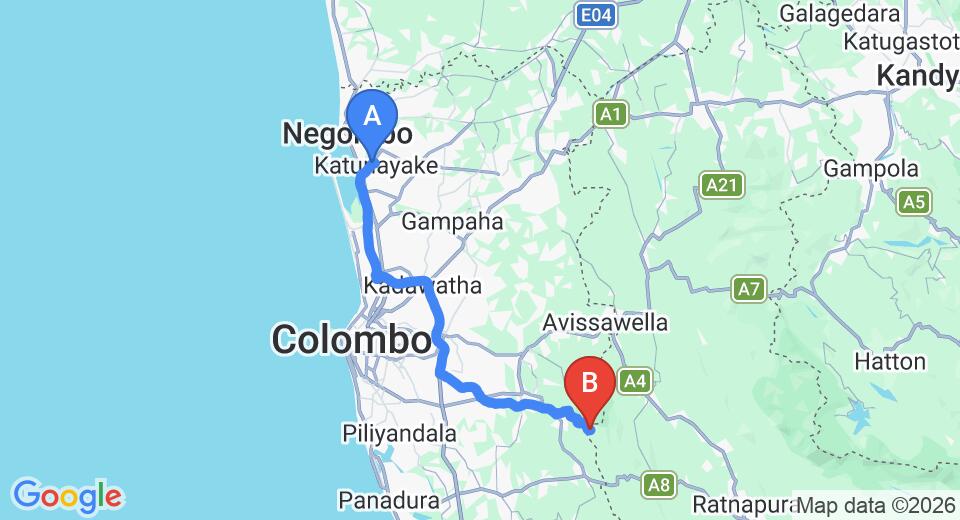 Transfer between Colombo Airport (CMB) and Serenity Village, Ingiriya