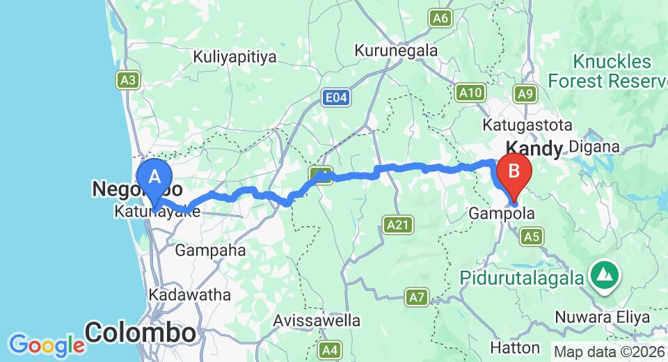 Transfer between Colombo Airport (CMB) and Kandy Cabana Eco Resort, Gampola