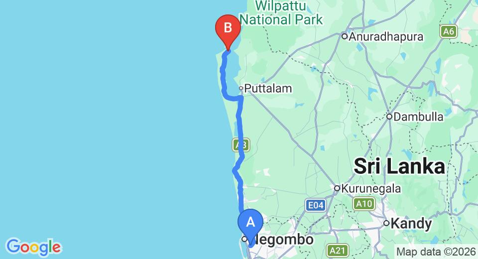 Transfer between Colombo Airport (CMB) and WellÃ© Wadiya, Kalpitiya City