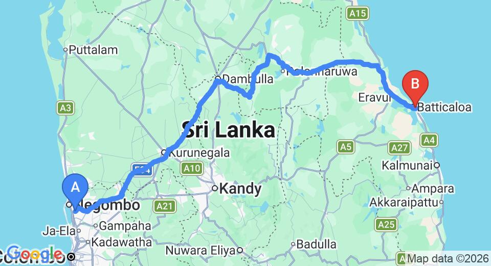 Transfer between Colombo Airport (CMB) and Riviera Resort, Batticaloa