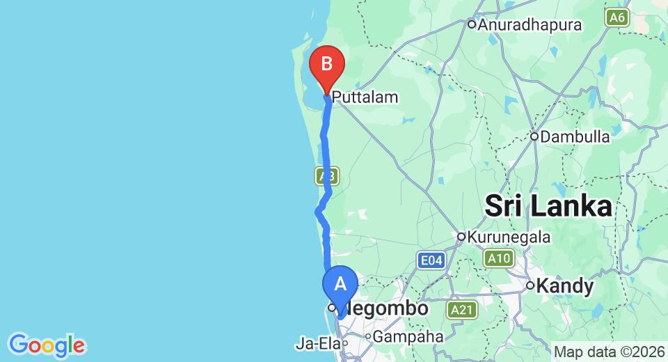 Transfer between Colombo Airport (CMB) and Horathapola Estate, Puttalam