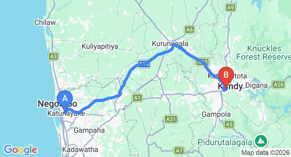 Transfer between Colombo Airport (CMB) and Kandyan Arts Residency, Kandy
