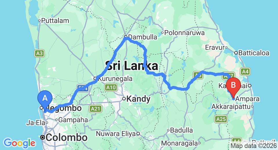 Transfer between Colombo Airport (CMB) and Gal Oya Lodge, Ampara