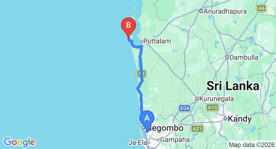 Transfer between Colombo Airport (CMB) and Palagama Beach, Puttalam