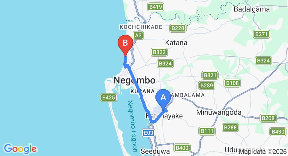 Transfer between Colombo Airport (CMB) and Negombo Travellers Inn, Negombo City