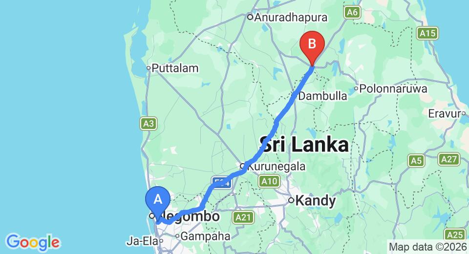 Transfer between Colombo Airport (CMB) and The Ficus Grove, Habarana City