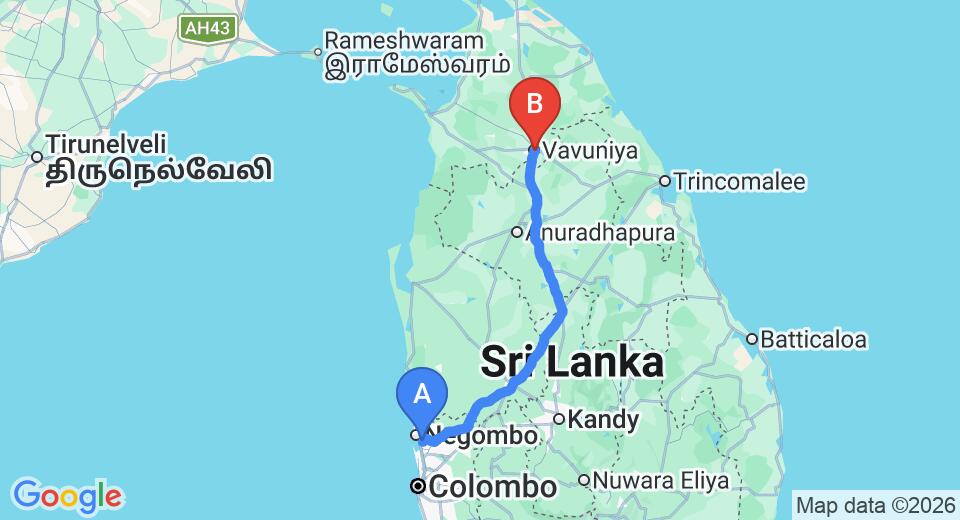 Transfer between Colombo Airport (CMB) and Nelly Star Hotel, Vavuniya City