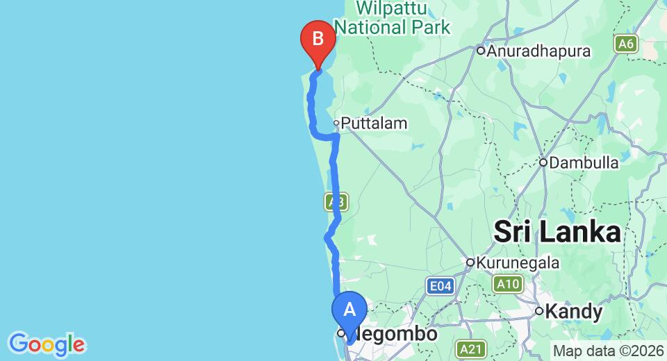 Transfer between Colombo Airport (CMB) and Kalpitiya St. Anne's Lagoon House, Kalpitiya