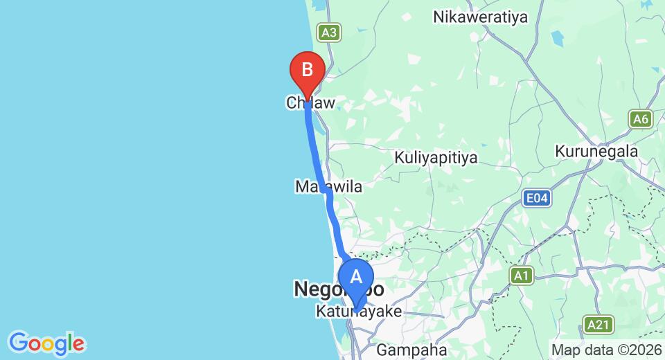 Transfer between Colombo Airport (CMB) and Chilaw Rest House, Puttalam