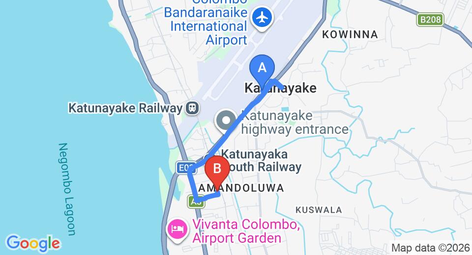 Transfer between Colombo Airport (CMB) and Norfolk Airport Villa, Katunayake City