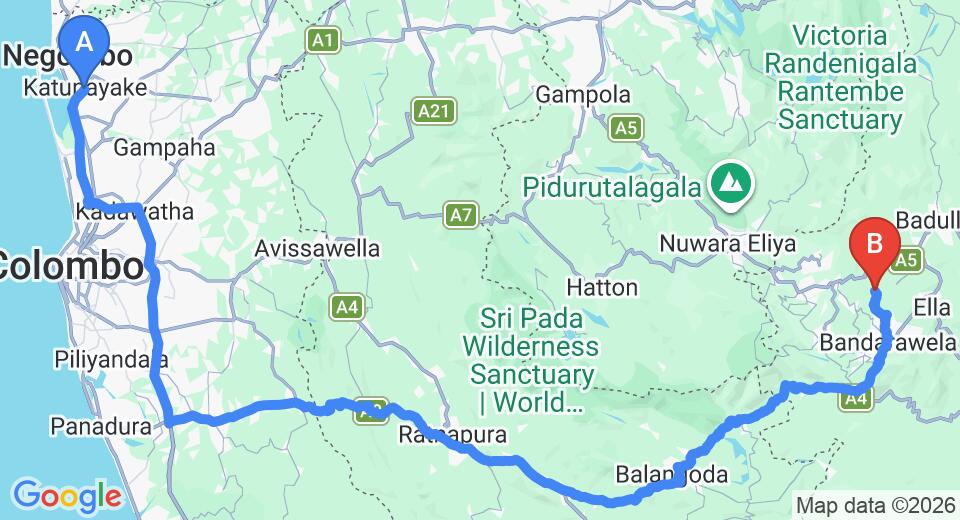 Transfer between Colombo (CMB) Airport and Blue Mountain Agri  Holiday Home, Bandarawela City