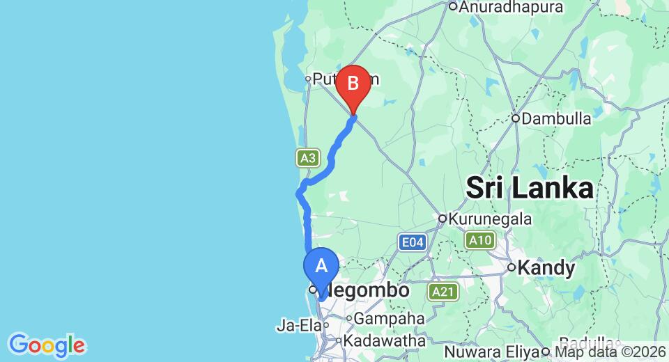 Transfer between Colombo Airport (CMB) and Rest House Anamaduwa, Puttalam