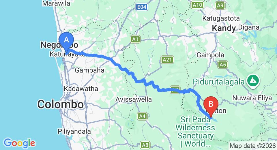 Transfer between Colombo Airport (CMB) and Castlereagh Bungalow, Hatton City