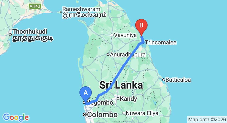Transfer between Colombo (CMB) Airport and Nilaveli Beach Resort, Trincomalee City